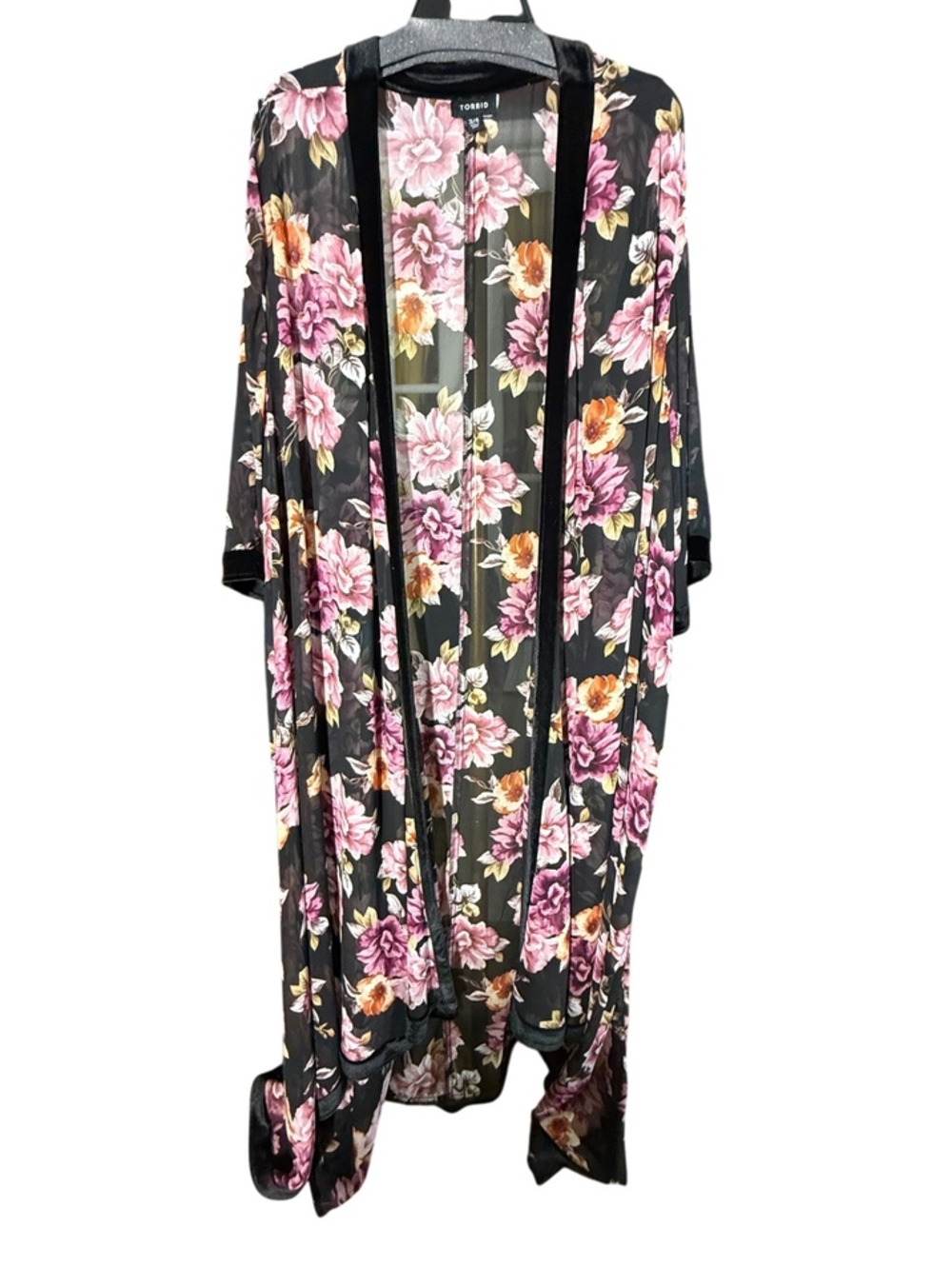 Black & Pink Floral Duster w/ Velvet Trim 3/4